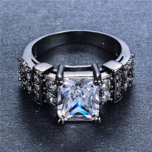 Luxury Male Female White Square Stone Ring Black Gold Wedding Rings For Women Promise Love Engagement Ring