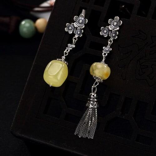 2018 Real New Brinco S925 Pure Natural Wax, Amber Inlaid Plum Blossom Tassel, High-end Ladies Asymmetrical Eardrop Earrings