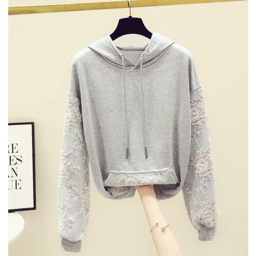 Crochet Lace Mesh Patchwork Pullover Womens Hoodie 2020 Autumn New Loose Casual Long Sleeves Hoodies Jacket Hooded Sweatshirt