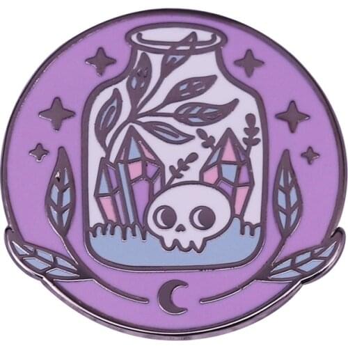 Witchy Crystal Skull Potion Bottle Pastel Pin Moon Stars Badge Halloween Spirit Decor
