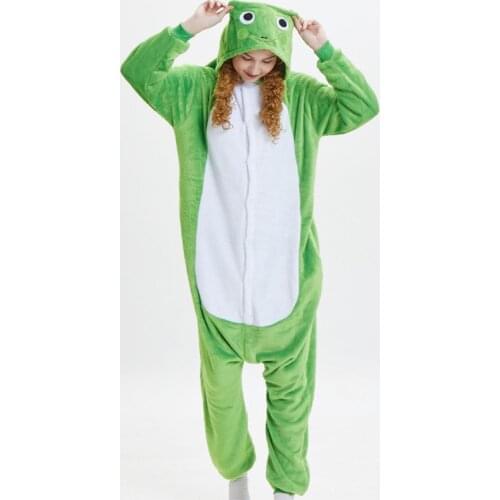Green Frog Cartoon Animal Pajamas Onesies Unisex Flannel Hooded Warm Winter One-Piece Sleepwear Couple Christmas Cosplay Costume