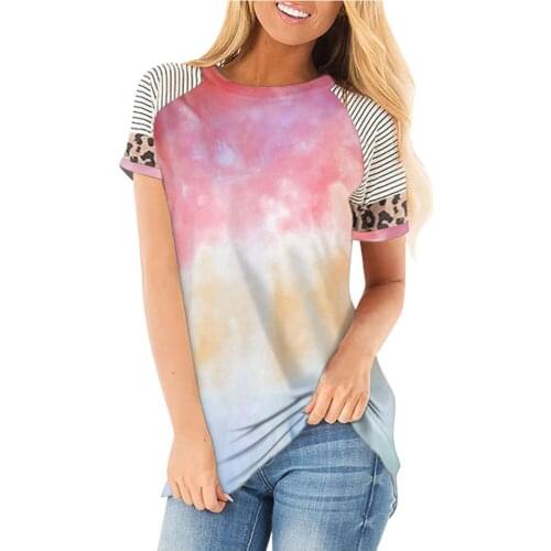 2021 Summer New Fashion Casual Short Sleeve Womens Round Neck Tapered Striped Leopard Pattern Splicing Short Sleeve T-Shirt