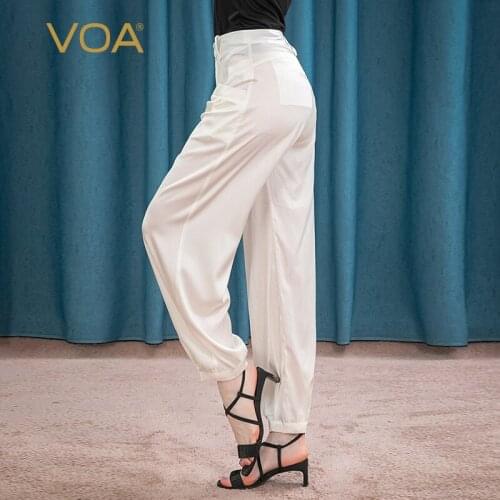 VOA Satin 19MM White Mulberry Silk Smooth Microprojectile Slit Pocket yi li kou Natural Waist Skin Bib Overall K028