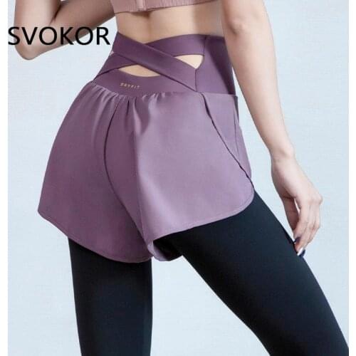SVOKOR Fake-Two Fitness Leggings Women Cross Back High Waist Sexy Activewear Ladies Workout Puch Up Legging Athletic Stretchy