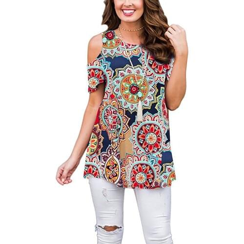 Women Chiffon Blouses Tops Off Shoulder Short Sleeve Floral Print Tee Spring Female Casual Ruffles Shirts Plus Size Blusas #DFGF