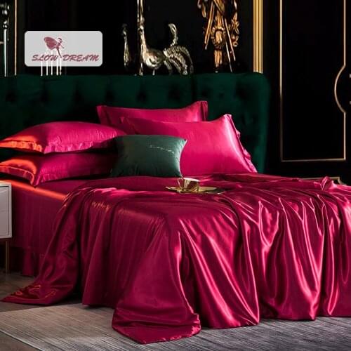 SlowDream Women Wine Red Satin Bedding Set Silky Duvet Cover Bedspread Twin Full Queen King Family Bed Linen Set Home Textile