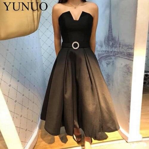 Scalloped Black Ankle Length A Line Prom Dresses Backless Sleeveless Draped Satin Sash 2019 New Formal Evening Party Gown N51