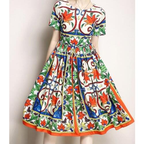 Womens spring summer short sleeve print A-line dress female runway fashion high waist slim dress TB674