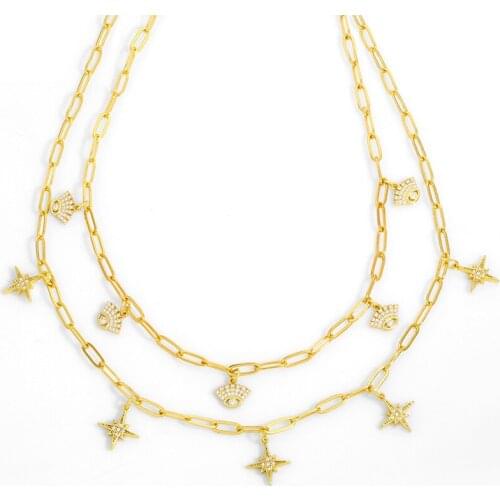 FLOLA Gold Curb Link Chain Evil Eye Necklace For Women CZ Micro Pave Star Charm Choker Necklace Collar Wholesale Jewelry nket72
