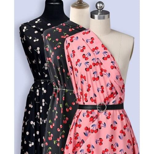 140CM Wide 16MM Cherry Print Black Pink Silk Crepe de Chine Fabric for Dress Shirt Clothes Cheongsam Y043