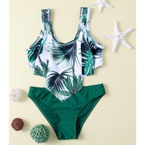2021 new leaf print childrens swimsuit women bikini ruffled girls swimwear XYY-196