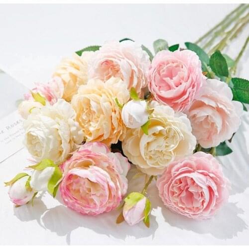 3 Heads Rose European Silk 61cm Artificial Peony Flower Bouquet for Home Wedding Wall Flower Decoration Flower Party Decor