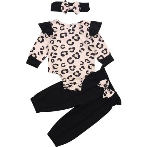 3Pcs Baby Newborn Girls Sets Long Sleeve Print O Neck Romper Casual Pants Bow Knot Headband Infant Toddler Outfits 0-24M