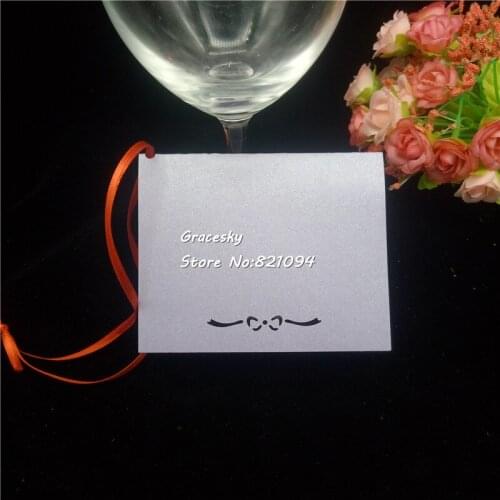 50PCS diy bowknot Pearl Paper Wish Cards solid Table Mark Hang Tag Card Wedding Favors Party Decoration Book Mark with ribbon