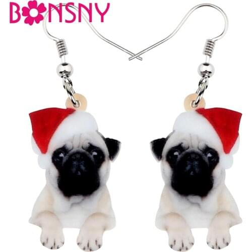 Bonsny Acrylic Christmas Sweet Pug Dog Earrings Drop Dangle Cute Pets Gift Women Girl Teens Kid Festival Charms Decoration Bulk