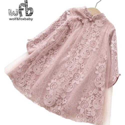 Retail 3-10 years children long-sleeved cheongsam dress net yarn dress girl spring fall autumn