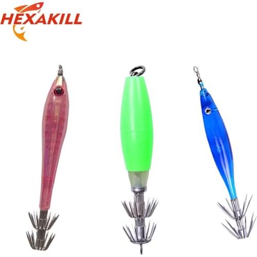 HEXAKILL 5PCS Fishing Squid Bait Jigging Octopus Cuttlefish Wood Shrimp Squid Hook Sea Fishing Squid Lure Artificial Bait