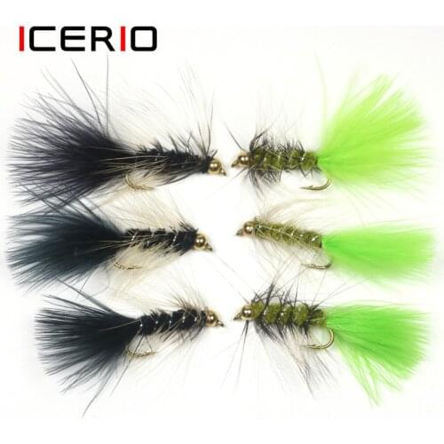 ICERIO 6PCS Brass Bead Head Woolly Bugger Streamer Wet Fly Tying Hook Trout Fishing Fly Lure Baits
