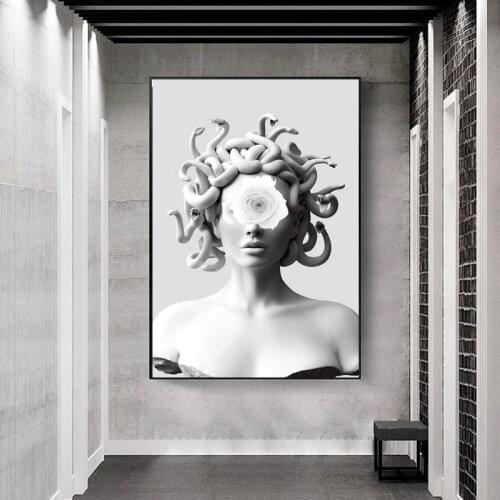 Canvas Paintings Vaporwave Sculpture of Medusa Canvas Art Posters Graffiti Art on The Wall Art Cover Face of Medusa Pictures