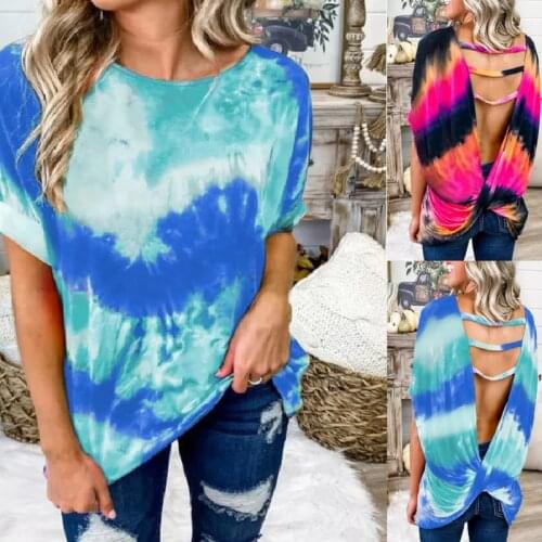 Summer Ladies Solid Color Tie-dye Round Neck Pullover Short Sleeve Sexy Hollow Open Back Twist T-shirt Casual Loose Top Hot Sale