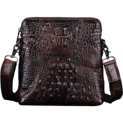 Brand 100% Genuine Leather Mens Crossbody Bag Casual Male Shoulder Bags Vintage Crocodile Print Men Bag Sacoche Homme