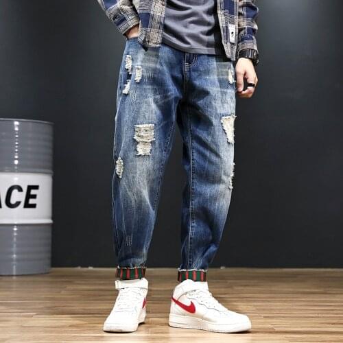 2021 Spring Autumn Plus size nine-point harem pants Men tide brand European American ripped loose feet loose washed jeans 28-48