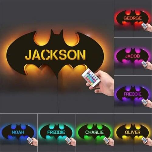 Personalized Wood Bat LED Lamp with Name Decor LED Night Light for Children Custom Wooden Engraved Name Bat Wall Lights