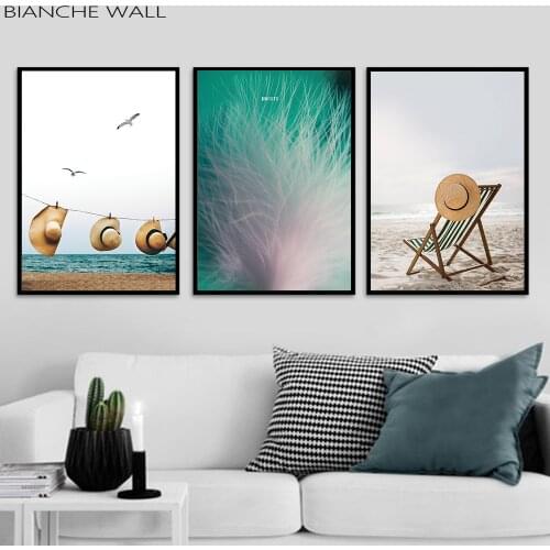 Seaside Beach Landscape Poster Feather Canvas Painting Wall Art Print Painting Nordic Style Wall Picture Living Room Decoration