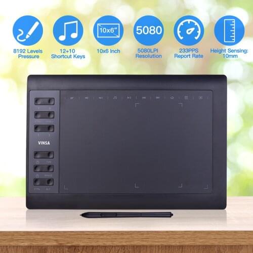 10x6" Professional Graphics Drawing Tablet 12 Express Keys 8192 Levels Battery-Free Stylus/8pcs Nibs/Pen Clip Support PC/Laptop