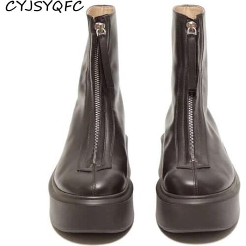 CYJSYQFC Luxury Brand Desgin Front Zip Ankle Boots For Women Round Toe Chunky Heels Flat Platform Short Boots Warm Comfort Shoes