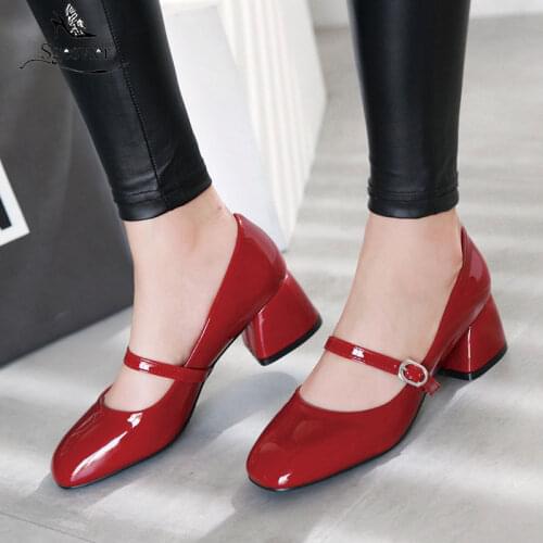 Sgesvier High Heel Shoes Women Mary Janes Shoes Patent Leather Med Heel Pumps Buckle Square Toe Ladies Shoes Red Plus Size 33-43