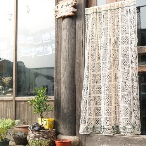 Beige Retro Geometric Crochet Hollow Curtain Green Bow Embroidery Tulle Curtain For Living Room Kitchen Partition Drapes #4