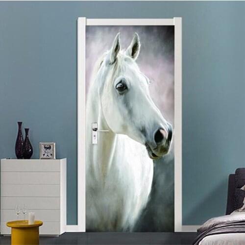 Modern White Horse Door Sticker Living Room Bedroom Creative Home Decor Wall Sticker Self-Adhesive Vinyl Door Murals Wallpapers