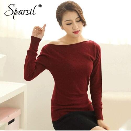 Sparsil Women Spring Knitted Sweaters Slash Collar Long Sleeve Cashmere Pullovers Solid Color Fashion All Match Soft Knitwear