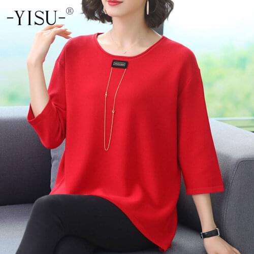 YISU simple women clothing O-Neck Solid color Middle sleeve Sweater Summer toppies Loose Thin Femalet Knitted Jumper