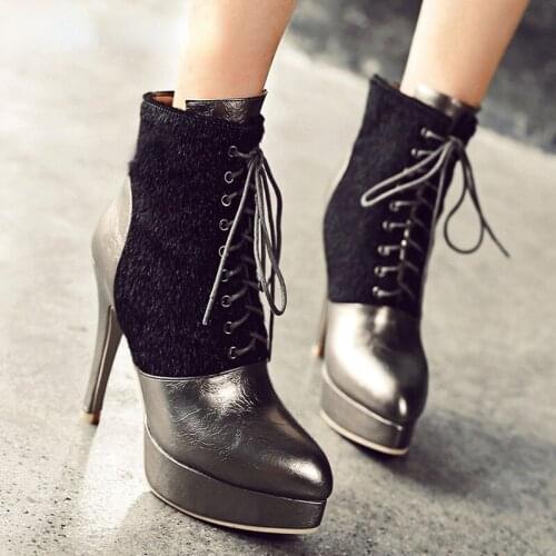 Ankle Boots Autumn and Winter The New Fashion Sexy Color Matching Pointed Lace Up Fine Heel High Heel Womens Shoes Size 32-46