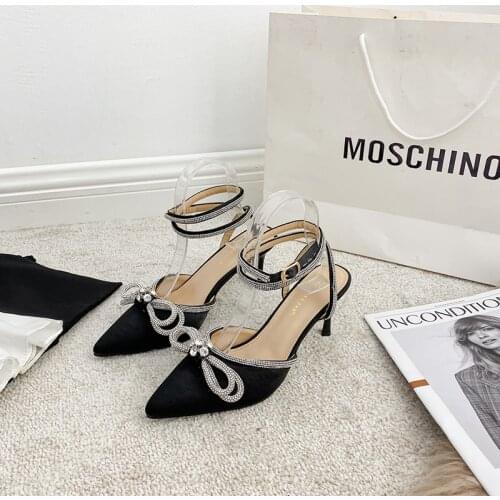 2021 Hot Sales Women Pointed Toe Elegant Sandals for Woman Black/Pink/White Satin Thin High Heels Dress Shoes Woman Rhinestone