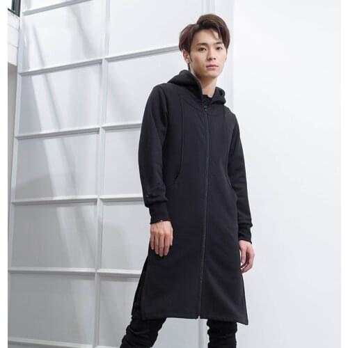 M-4XL Hooded Plus Velvet Cardigan Long Slim Mens Slim Padded Jacket Trend Over-the-Knee Teen Korean Western Black