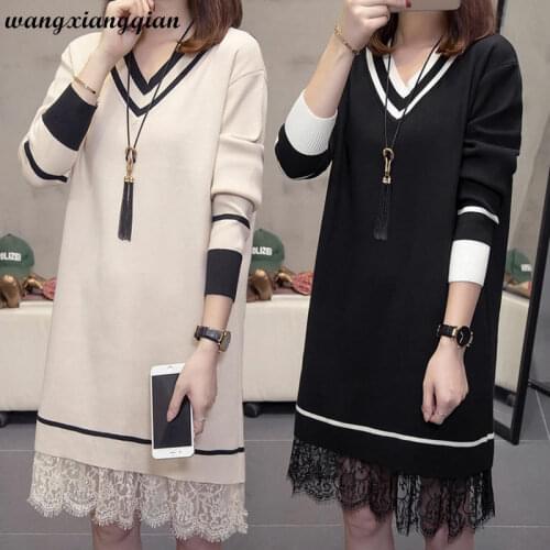 Womens Plus Size Sweater Winter Mesh Sweater Dress Lace Casual V-Neck Long Sleeve Mid-Long Loose Paneled Knit Sweater Z16