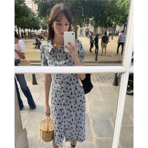 ElfStyle High Version Ladies Blue/Pink Floral Printing Lapel Button Front Midi Dress - Women 2020 New Summer Dress