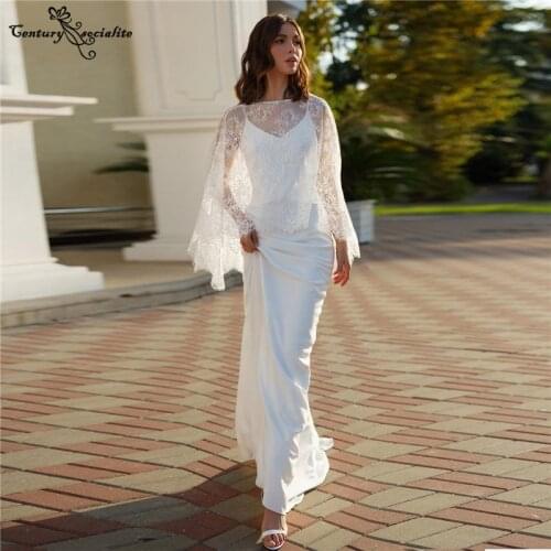 Simple Boho Wedding Dresses for Women 2021 Lace Cape Backless Sheath Crepe Bride Dress Bridal Gowns Vestidos De Novia