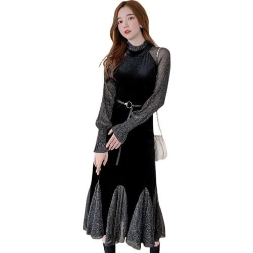 Women Velvet Dress Winter Turtleneck Full Sleeve Vintage Mesh Patchwork Mermaid Dresses Plus Size 2019 Womens Clothing Vestidos