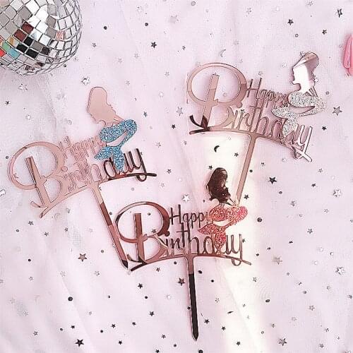 1PC New Mermaid Cake Topper Acrylic wedding Happy Birthday Cake flag For Baby Shower Cake Flags Personalized Cake Decoration