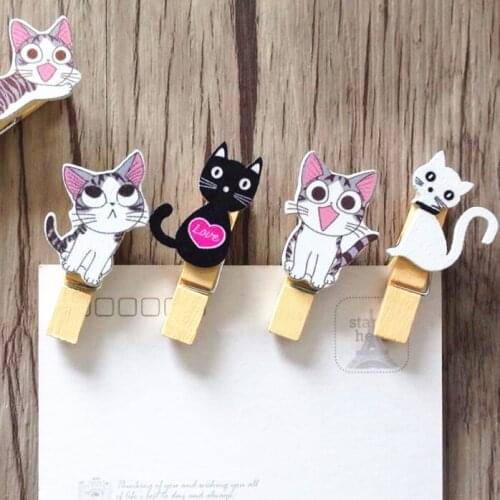 10pcs/lot Japanese Cat Wooden Clips with Hemp Rope Mini Nice Clip Kawaii Wood Paper Clip for Students' DIY Tools Party Favors