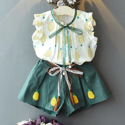 2021 New Summer Kids Clothing Casual Girl Printed Fruit Set Top + Pants 2 Pack Costume Ribbon Bow Set Toddler Girl Suit Clothes