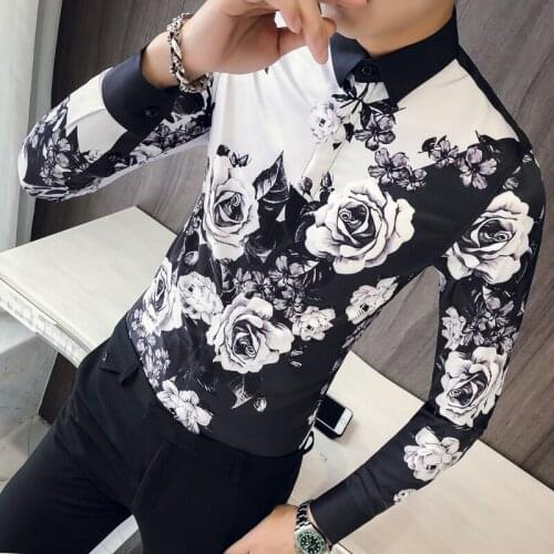 2019 Button Up Men Long Sleeve Slim Fit Wedding Shirt Men Club Party Rose Shirt Men Designer Shirt Patterns Ropa De Hombre