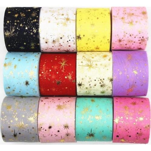 6cm Fireworks/Star Ribbon 25 yards/package Tulle Roll Tutu Wedding Party Decoration Headwear Mesh Fashion Hair Bow 60mm Gold
