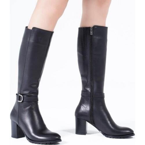 Callizio Women Genuine Leather Boots Knee High New Season 2022 Elegant Custom Rubber Sole Arch Support Square Heels Big Size 11 Designer Luxury Winter Handmade Black Knee Boots Shoes for Woman 2021 Lady Footwear