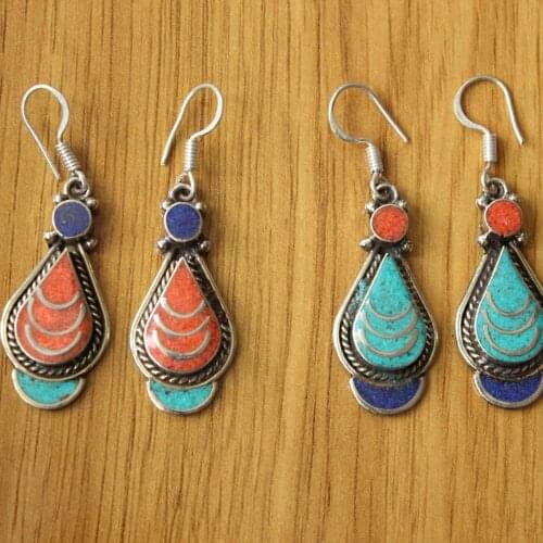 ER177 Ethnic Tibetan Woman Earrings Copper Inlaid Lapis Coral Stone Drop Earring Nepal Indian Jewelry