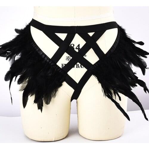 Gothic Feather Body Harness Belt corset Lingerie Top Cage Bra Set &Feather Thong Harness Sexy G-string Panties
